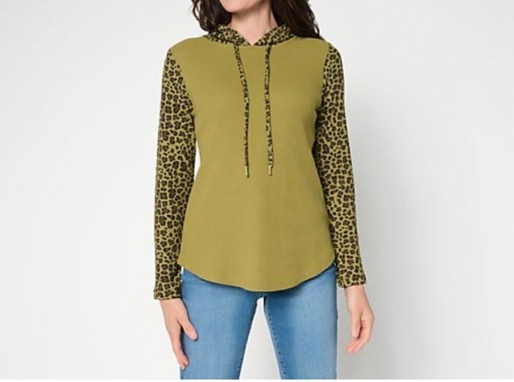 Belle By Kim Gravel Lrge Oregano Green Waffle Leopard Sleeve Hoodie A703709 NWOT
